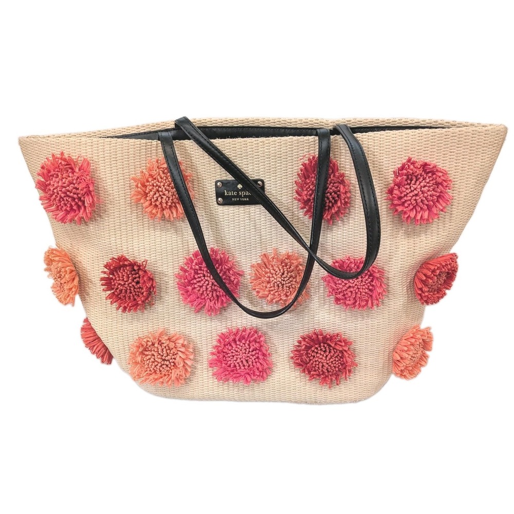Kate Spade Tote Bag Women Large Beige Floral Raffia Applique Beach Summer